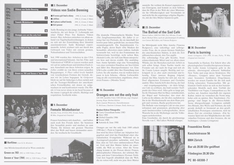 Frauenkino Xenia: programme avec des films de Sadie Benning, Monika Treut ou Jenny Livingston, décembre 1993