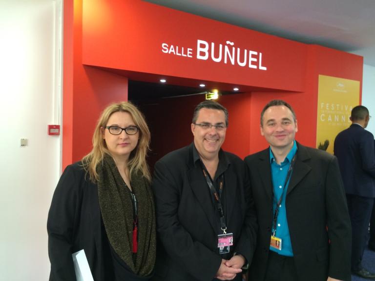 Chicca Bergonzi et Frédéric Maire (Cinémathèque suisse) avec Gérald Duchaussoy (Festival de Cannes)