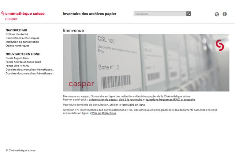 Page d'accueil de caspar, l'inventaire en ligne des archives papier de la Cinémathèque suisse